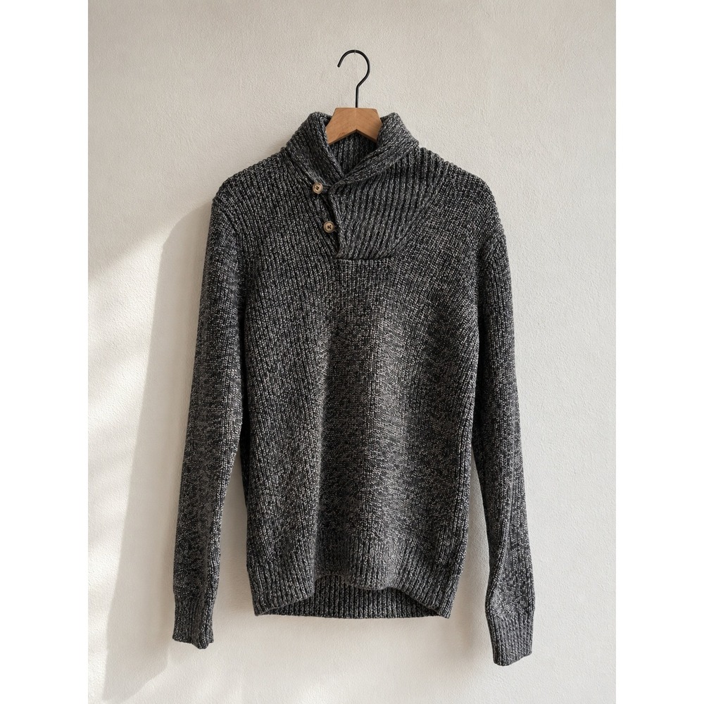 Cabin Sweater Shawl Collar Charcoal Gray Marl Heavy Ribbed Knit Large